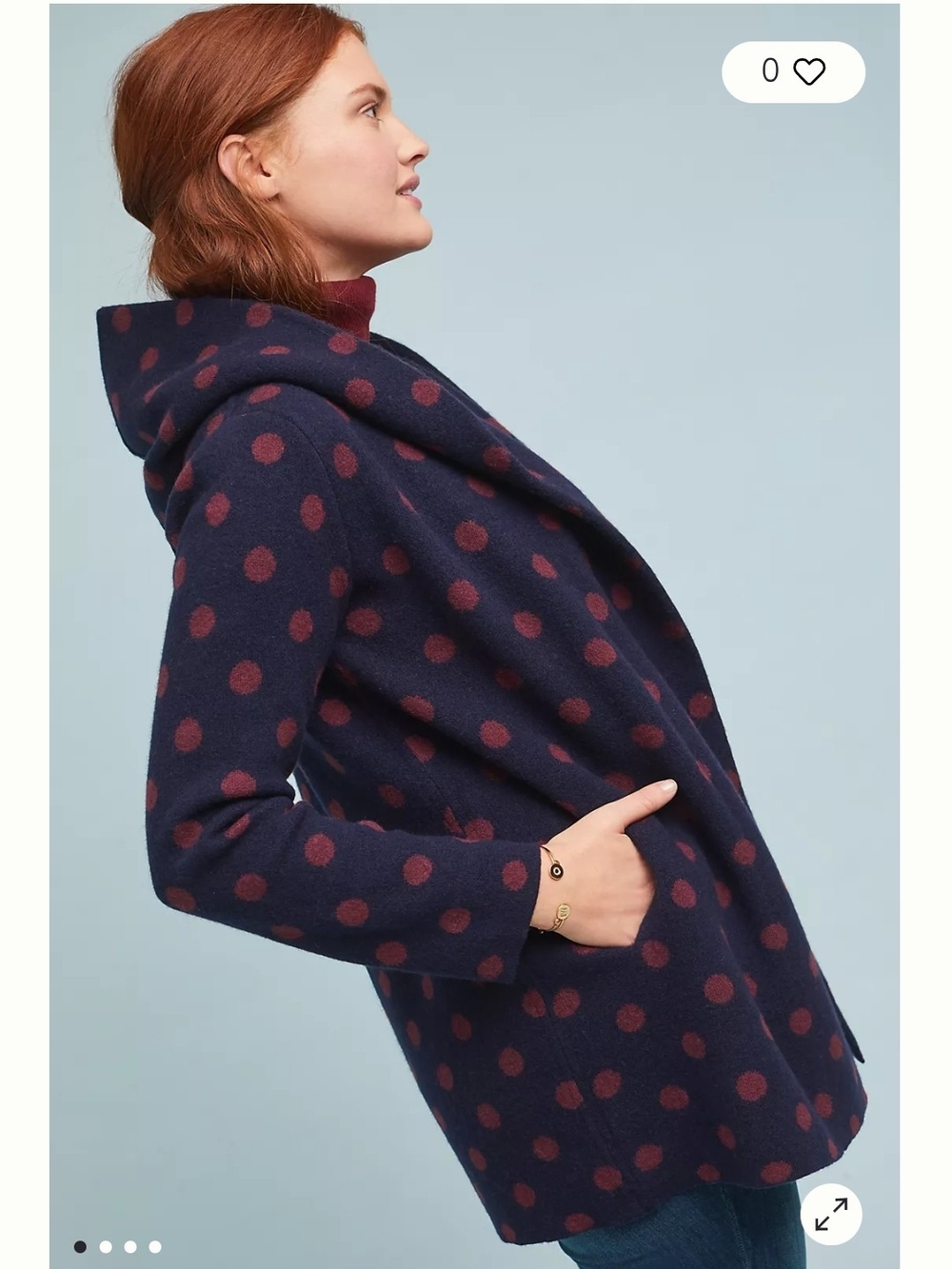 Polka Dot Hooded Pea Coat - Navy with Burgundy Dots